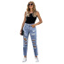 muchos agujeros cintura alta nueve puntos jeans delgados de mujer NSSI2797
