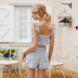 summer women s printed floral fungus strap pleated lace holiday leisure short vest NSAL2907