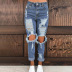 Agujeros desgastados cintura alta nueve puntos jeans ajustados para damas NSSI2973