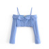  blue strapless long-sleeved one-line neck suspender top NSAM3080