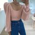 Wholesale Autumn French Square Neck Bubble Lantern Sleeve Short Women Knitted Top Sweater  NSAM3100