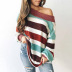 women fall/winter color striped cuffs round neck thread stitching pullover sweater  NSSI3391