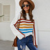  color stripe short loose knit round neck pullover sweater  NSYD3757