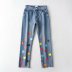 Color Love Printed Jeans Pantalones de nueve puntos rectos de cintura alta elásticos para mujer NSAM3916