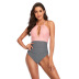   solid color striped stitching ladies swimsuit   NSHL3984
