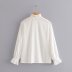wholesale women s new style stand-up collar ruffled pearl buckle trumpet sleeve shirt  NSAM4184