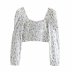 wholesale square neck puff sleeve shirt floral print short ultra short high waist top NSAM4289