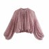wholesale autumn print short women s lantern sleeve chiffon shirt top  NSAM4301
