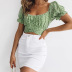 hot sale halter strap short square neck top Slim floral shirt pleated puff sleeve T-shirt NSAG4660