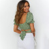 Halter Strap Short Square Neck Top Slim Floral Pleated Puff Sleeve Shirt NSAG4660