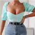 Solid color square collar pile short sleeve stretch satin T-shirt NSAG4708