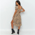 Ladies Square Neck Open Back Waist Leopard Print French Split Skirt NSAG5289