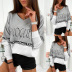 new letter printing V-neck long-sleeved stitching loose sweater NSKX5775