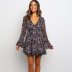 autumn and winter new V-neck pleated flared long-sleeved lace-up printed dress NSYD6007