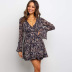 autumn and winter new V-neck pleated flared long-sleeved lace-up printed dress NSYD6007