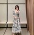 autumn bubble shoulder sleeves square neck printing long dress  NSAM6307