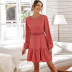  women s solid color open back lace stitching puff sleeve dress NSAL1977