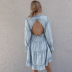 fashion open back V-neck dress long sleeve printed midi skirt NSAL2071
