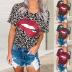 summer lips fashion print leopard round neck short sleeve T-shirt top  NSYF2171