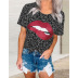 summer lips fashion print leopard round neck short sleeve T-shirt top  NSYF2171