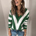 striped contrast long-sleeved deep v-neck knitted sweater  NSSI2339