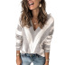 striped contrast long-sleeved deep v-neck knitted sweater  NSSI2339