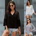 loose hedging hollow v-neck trumpet sleeve lace shirt  NSSI2415