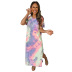 short-sleeved pad-dye summer loose round neck pullover split long dress NSSI2420