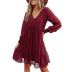 chiffon autumn solid color ruffled hem long sleeve v-neck dress NSSI2437