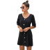 Solid color single breasted high waist A-line five-point sleeves V-neck women s short dress NSSI2462