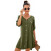 Solid color single breasted high waist A-line five-point sleeves V-neck women s short dress NSSI2462