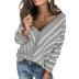 stripes color-blocking knit sweater women new deep v-neck single-breasted knit top  NSSI2470