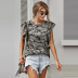 camouflage summer new casual round neck ruffled pleated pullover women s t-shirt NSSI2566