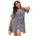 plus size summer plaid five-point sleeve ruffle dress NSQH7955