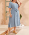 blue round neck breasted casual big swing dress  NSCX8122