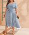 blue round neck breasted casual big swing dress  NSCX8122