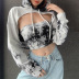 fashion sexy tie-dye wrapped chest hooded blouse two-piece NSLQ12394