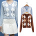 Suéter a cuadros de color en contraste con cuello en V otoño e invierno nuevas mujeres NSLD13687