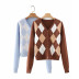 V-neck autumn and winter new women s contrast color plaid sweater NSLD13687