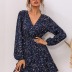 Blue Floral V-Neck Long-sleeve Dress NSCX14316
