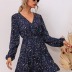 Blue Floral V-Neck Long-sleeve Dress NSCX14316