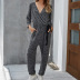 V-neck nine-point sleeve one-piece solid color jumpsuit NSYH7141