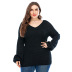 hot style plus size women s V-neck black knit pullover puff sleeve long-sleeved sweater top NSYH7159