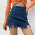 High-waisted rear zipper stretch denim double slit skirt pants NSAC14566