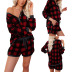 plaid printed button round neck long sleeve shorts casual suit NSZH18580