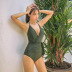 new army green deep V sexy one-piece swimsuit NSHL22655