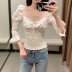 new printed puff sleeve slimming lace long sleeve top  NSAM23098