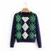 contrast color plaid round neck sweater  NSLD15608