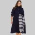 plus size irregular plaid cotton and linen stitching long sleeve dress NSJR17202