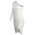 One-Shoulder Long-Sleeved Irregular Pleated Dress NSZY17794
